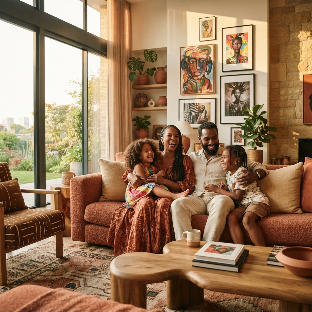 Famille heureuse dans un salon ICONIC
