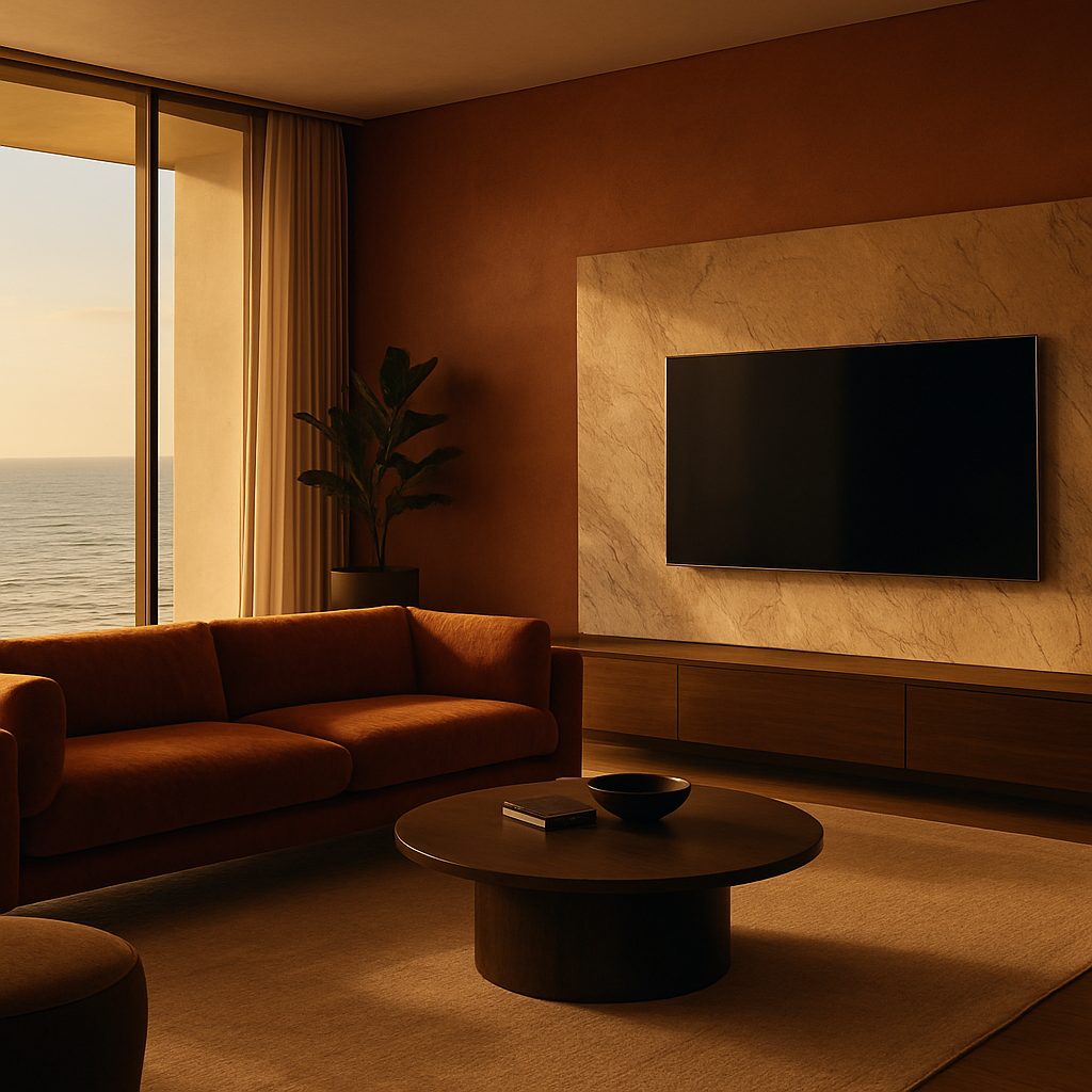 Salon afro-contemporain de luxe avec vue sur l'océan Atlantique à Dakar