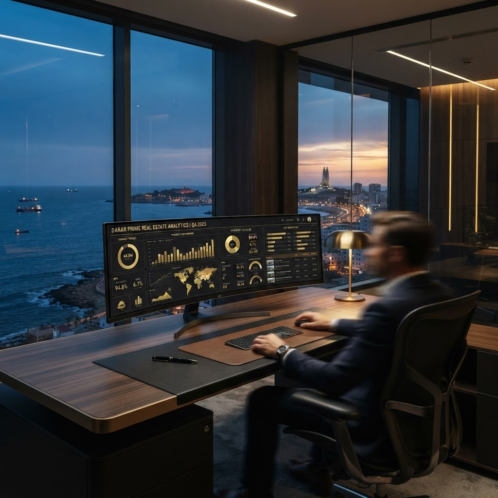 Bureau avec vue mer et écran affichant le tableau de bord ICONIC