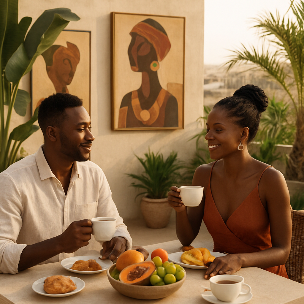Couple élégant prenant le petit-déjeuner sur une terrasse design à Dakar
